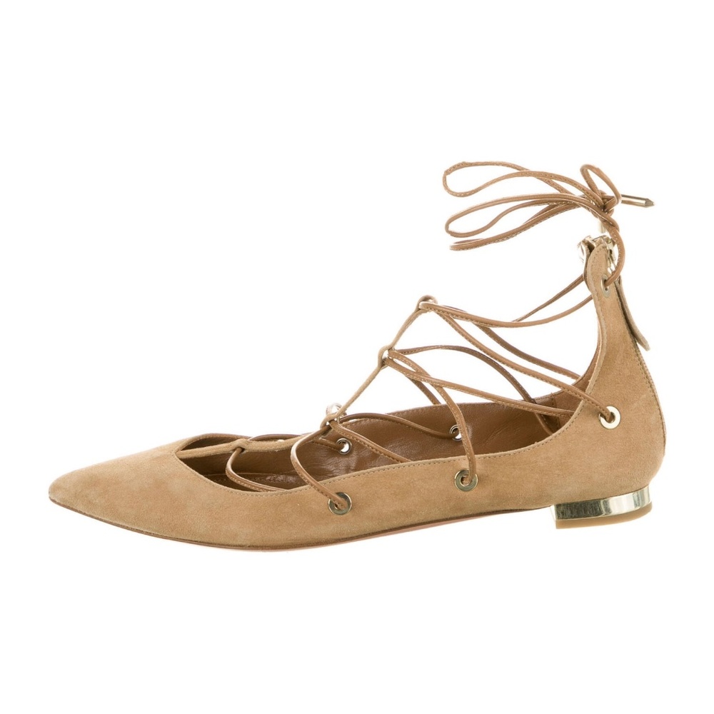 Aquazzura Tan Suede Lace-Up Pointed Toe Flats